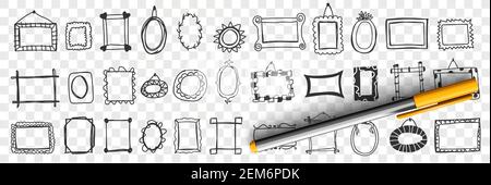 Ensemble de miroirs et de cadres. Collection de cadres de décoration élégants dessinés à la main pour suspendre des miroirs photos et décorer intérieur isolé sur fond transparent Illustration de Vecteur