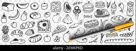 Ensemble d'aliments et d'ingrédients frais. Collection de pizzas dessinées à la main pain fruits légumes glace sandwich cupcakes desserts saucisse pour manger sainement isolé sur fond transparent Illustration de Vecteur