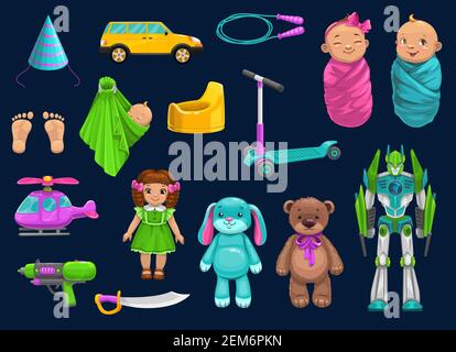 Jouets vecteurs icônes de bébé garçon et de filles. Voiture, robot et enfants en couvertures, poupée, ours et lapin, pot pour enfants, empreintes et anneau en toile, chapeau d'anniversaire, h Illustration de Vecteur