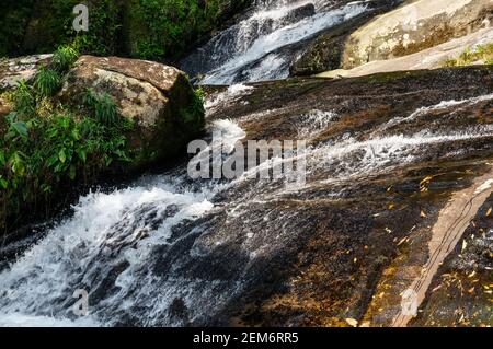 Végétation verte et mousse sur les formations rocheuses de la cascade d'Ipiranguinha. Cascade située au milieu de la forêt dense Serra do Mar (Sea Ridge). Banque D'Images