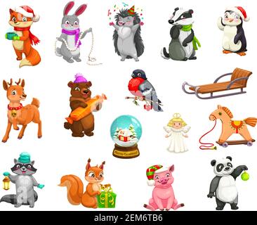 Les animaux de Noël et les décorations de Noël caricatures icônes. Animaux vectoriels en chapeaux de père Noël avec gits de Noël, jouets et ornements, renne avec traîneau en conf Illustration de Vecteur