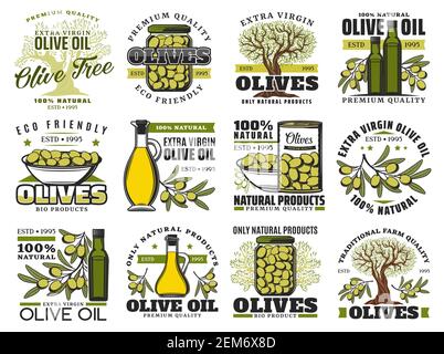 Icônes vectorielles de la nourriture d'olive avec des bouteilles d'huile, des oliviers, des branches et des feuilles, des fruits verts frais, des produits marinés dans un bol, un pot et une boîte. Cuisine végétarienne Illustration de Vecteur