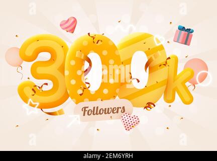 300k ou 300000 disciples vous remercient coeur rose, confetti d'or et néons signes. Réseau social amis, abonnés, utilisateur Web Merci de célébrer les abonnés ou les abonnés et les goûts. Vecteur Illustration de Vecteur