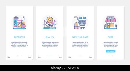 Illustration vectorielle de la technologie des magasins d'épicerie. UX, UI Onboarding mobile application page set avec ligne d'achat de biens de qualité, le panier d'achat de supermarché, le panier et les symboles de bâtiment de magasin Illustration de Vecteur