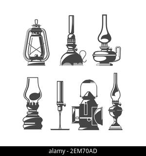 Jeu de lampes à huile anciennes, kérosène ou lanternes à huile vintage, collection de lampes pour la maison et les marchettes, Vector Illustration de Vecteur