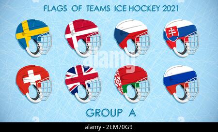 les équipes de hockey sur glace mettent 2021 drapeaux sur les casques. Classement de hockey du groupe A. sur fond de glace. Annonce des participants au concours. VVecto Illustration de Vecteur