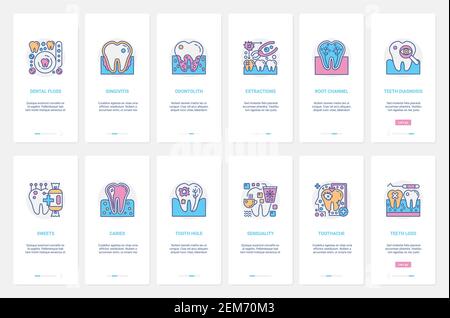 Illustration du vecteur de diagnostic dentaire médical et de traitement clinique. UX, UI Onboarding mobile application page Screen Set avec lignes de caries, sensibilité de maux de dents et perte de dents, symboles gingivite maladie de gomme Illustration de Vecteur