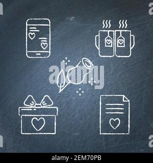 Ensemble tableau de surveillance pour la Saint-Valentin avec icône en forme de ligne. Collection d'esquisses de symboles d'amour sur tableau noir. Smartphone avec messages romantiques, deux mugs avec chaud Illustration de Vecteur