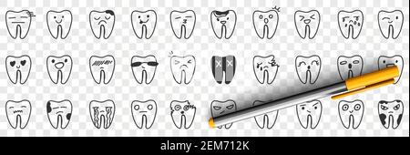 Ensemble de dentisté sain et malsain. Collection de dents saines positives et négatives dessinées à la main et blessées par des caries de cavité isolées sur fond transparent Illustration de Vecteur