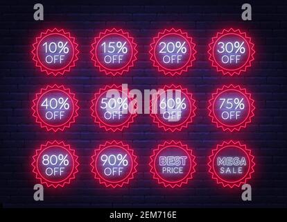 10, 15, 20, 30,40 50, 60, 75 80, 90 % de réduction. Des panneaux lumineux au néon sur fond sombre Illustration de Vecteur