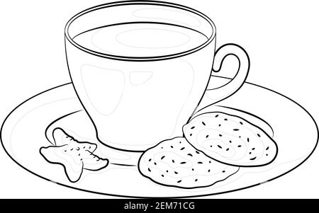 Tasse avec une boisson et des biscuits sur soucoupes, contours noirs sur fond blanc. Vecteur Illustration de Vecteur