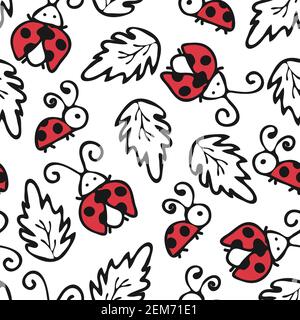 Motif vectoriel sans couture avec des coccinelles simples sur fond blanc. Joli papier peint coccinelle à motif coccinelles. Dessin animé insecte mode textile. Illustration de Vecteur