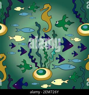 Clipart sous-marin. Motif hippocampe et autres poissons sans couture Illustration de Vecteur