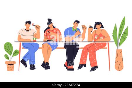 Des gens, des hommes et des femmes assis à la table et à la salle à manger, dessin animé vecteur plat illustration isolée sur fond blanc. Les gens mangeant et communiquant en s. Illustration de Vecteur