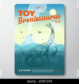 Modèle d'étiquette de dinosaure de jouet. Résumé Vector Packaging Design Layout. Typographie moderne avec paysage de volcan préhistorique et Brontosaurus dessiné à la main Illustration de Vecteur