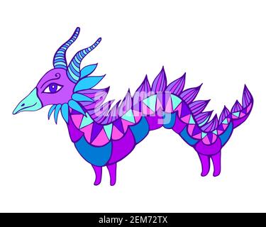 Mythique FANTASY coloré Dragon, bleu violet couleur, isolé en blanc. Petit dragon de style dessin animé, animal fantastique. Vecteur de la main Illustration de Vecteur