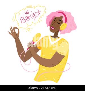 Jeune femme de race mixte enregistrant un podcast avec microphone. Caractère d'illustration de vecteur de dessin animé. Idéal pour la publicité multimédia, la baladodiffusion, la diffusion Illustration de Vecteur