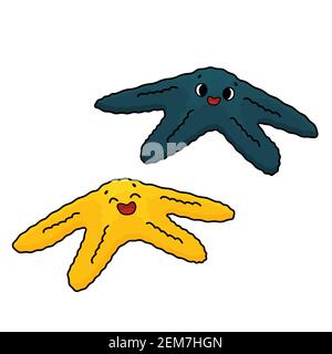 Ensemble de deux vectorisés caricaturades étoiles de mer colorées ou Starfish avec les yeux, sourire. Doodle invertébrés marins de couleur vive jaune, bleu. Isola Illustration de Vecteur