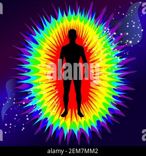 L'aura du corps. Les couches de couleur arc-en-ciel du corps masculin. Éthérique, émotionnel, métalliques, astral, causal et céleste couche. Vecteur isolé Illustration de Vecteur