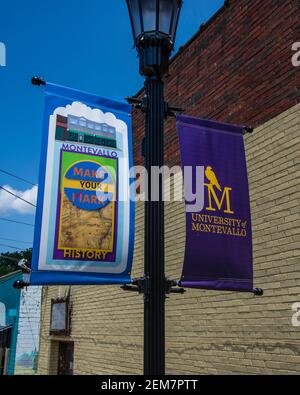 Montevallo, Alabama/États-Unis-août 4, 2020: Banderoles de poteau de lampe dans le centre-ville historique de Montevallo. Banque D'Images