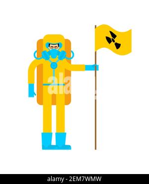 Homme en costume de protection et drapeau de radiation Illustration de Vecteur