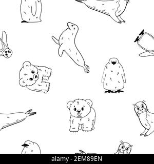Motif vectoriel sans couture de pingouin, poussin de grand pingouin, phoque à fourrure, ourson polaire, petit phoque commun. Ensemble de petit dessin animé isolé contour mer mignon an Illustration de Vecteur