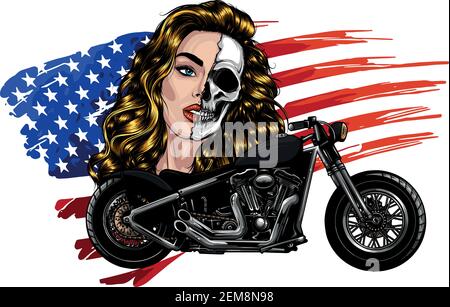 illustration vectorielle vintage chopper moto avec femme visage et américain drapeau Illustration de Vecteur
