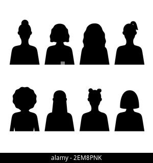 Beaucoup de silhouettes de femmes en couleur noire avec différents styles de cheveux isolé sur fond blanc Illustration de Vecteur