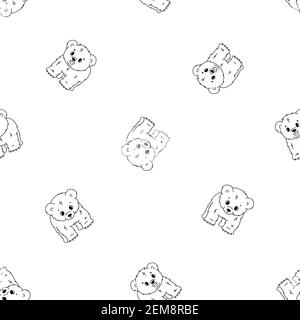 Motif vectoriel sans couture de mignon dessin animé petit enfant ours polaire oursons, ils se tient sur toutes les jambes et sourires. Enfants Black Outline les animaux sont isolés sur Illustration de Vecteur