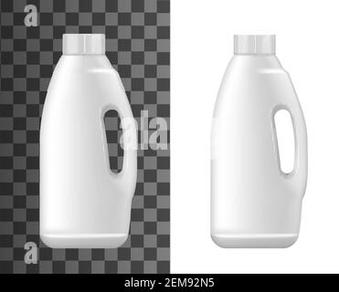 Détergent à lessive liquide et assouplissant, bouteille en plastique blanc Vector Realistic 3d avec couvercle. Machine à laver javellisant et savon liquide à lessive pa Illustration de Vecteur