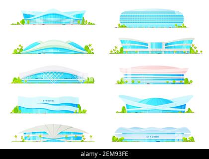 Stade Arena, icônes vectorielles plates. Football football football et jeux de sport arène moderne bâtiment façades d'entrée avec dôme en verre ou à ciel ouvert et inf Illustration de Vecteur