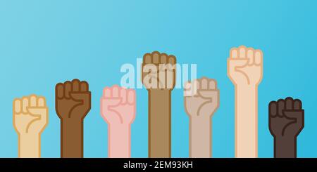 Les poings multiraciaux font passer l'illustration vectorielle. Concept d'unité, de révolution, de lutte, de coopération. Conception à contour plat. Illustration de Vecteur