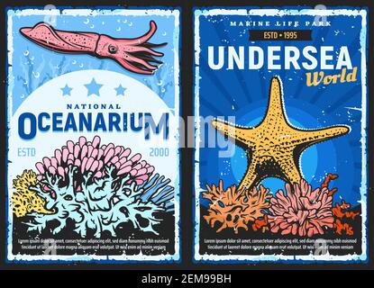 Oceanarium et monde sous-marin, vecteur rétro affiches vintage. Animaux sauvages de mer et d'océan sous-marins, poissons et mollusques, seiches, étoiles de mer et cora Illustration de Vecteur