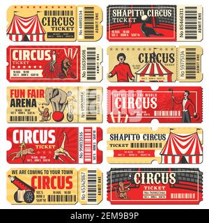 Modèles vectoriels de billets de cirque pour le spectacle de carnaval de chapiteau. Cartes d'invitation vintage et bon de réduction avec grande tente de cirque, clowns, acrobates et entraînés Illustration de Vecteur