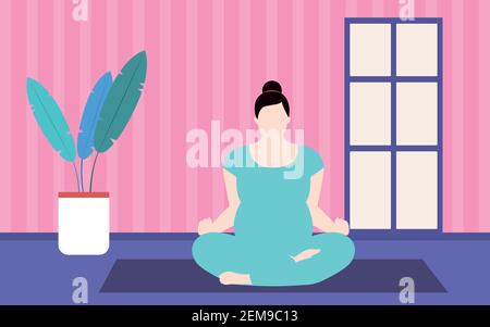 Femme avec grand ventre est assise dans turquoise tracksuit dedans pose de lotus à la maison Illustration de Vecteur