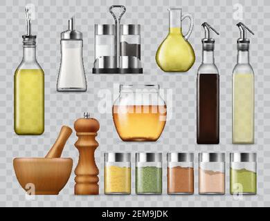 Distributeurs d'épices et de assaisonnements pour la cuisine, salières et salières dans le support, maquettes vectorielles réalistes. Bouteille d'huile de cuisson et de sauce avec embout, herbes Illustration de Vecteur