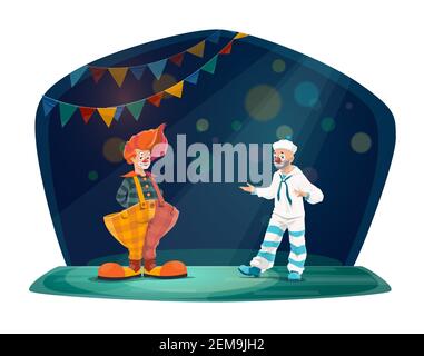 Carnaval de cirque et de foire, personnages de dessin animé vecteur de cirque. Clown dans la perruque rouge et le grand pantalon, le mime artiste exécutant des blagues de divertissement sur grand à Illustration de Vecteur