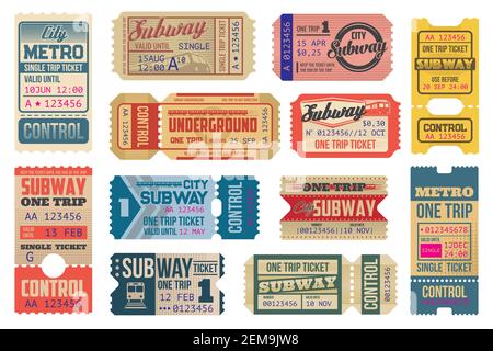 Modèles de vecteur de billets de métro vintage, métro et chemins de fer électriques. Cartes de transport souterrain rétroactif ou coupons de voyage avec découpe Illustration de Vecteur