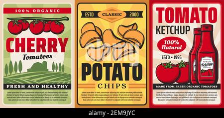 Produits agricoles à base de tomates et de pommes de terre, affiches vectorielles rétro. Tomates cerises biologiques naturelles, ketchup et chips de pommes de terre, bio terres agricoles et agriculture Illustration de Vecteur