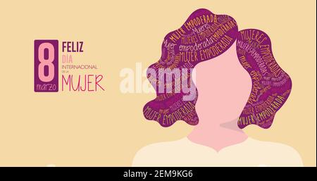 FELIZ DIA INTERNATIONAL DE LA MUJER - DES FEMMES INTERNATIONALES HEUREUSES Journée en espagnol Silhouette de la femme au violet cheveux remplis de mots Illustration de Vecteur