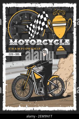 Championnat de course de moto, tournoi de coupe de sport de motocross, poster de grunge vectoriel. Rallye moto et vélo de course, compteur de vitesse, début ou fin f Illustration de Vecteur