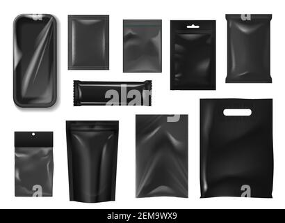 Emballages et sacs en plastique maquette réaliste des emballages d'aliments vectoriels. Pochette noire en aluminium, sachet, sacs de rangement et de poche, pack Flow, doypack et mousse de polystyrène Illustration de Vecteur