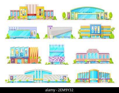 Cinéma ou cinéma bâtiment vecteur icônes de la maison façades extérieures avec entrées, marquises, panneaux d'affichage et rue avec arbres, parking, néon Illustration de Vecteur