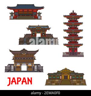Monuments d'architecture japonaise, temples et bâtiments célèbres, icônes vectorielles. Les pagodes du sanctuaire du Futarasan Nikko, Omotemon, Yomeimon et Karamon, ses portes Illustration de Vecteur