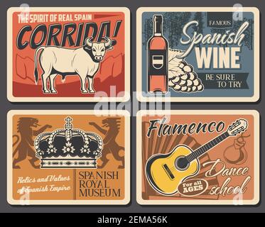 Espagne voyage et culture traditionnelle tourisme, vecteur rétro affiches. Traditions et monuments espagnols, Madrid corrida, école de danse flamenco, S Illustration de Vecteur