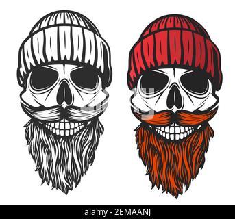 Crâne avec barbe rouge, moustache et bonnet tricoté. Squelette vectoriel de la tête de bûcherons ou de forester morts, de l'homme de l'hippopotame, du capitaine ou du marin de navire de mer, de barbersh Illustration de Vecteur