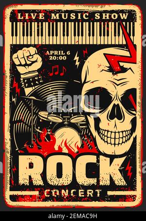 Affiche vecteur de concert du festival de musique rock avec instruments de musique, crâne et notes. Batterie, disque en vinyle et clavier pour piano, bracel en cuir clouté Illustration de Vecteur