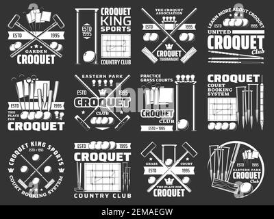 Articles de croquet et icônes d'équipement, signes de vecteur de tournoi de club de sport. Le tournoi de croquet et le match de championnat ont croisé des battes, des balles, des paniers de cricket et Illustration de Vecteur