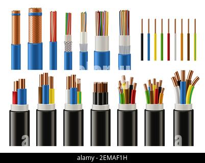 Câbles et fils vecteur réaliste de l'énergie électrique, du réseau, de la télévision et du téléphone. Câbles d'énergie avec conducteurs en cuivre isolés, paire torsadée Illustration de Vecteur