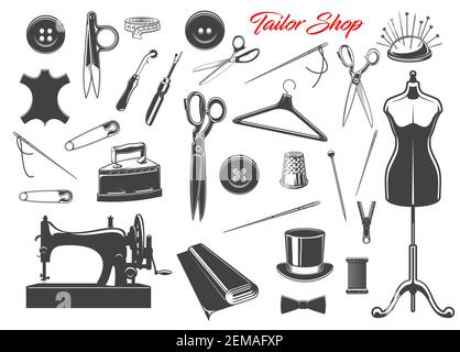 Icônes d'atelier et d'outil de couture sur mesure. Fil, aiguilles et ciseaux, machine à coudre, bobine et bouton, tambour, mètre-ruban et textile, broche, mannequin a Illustration de Vecteur
